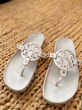 Tory Burch White Cutout Logo Thong Sandals